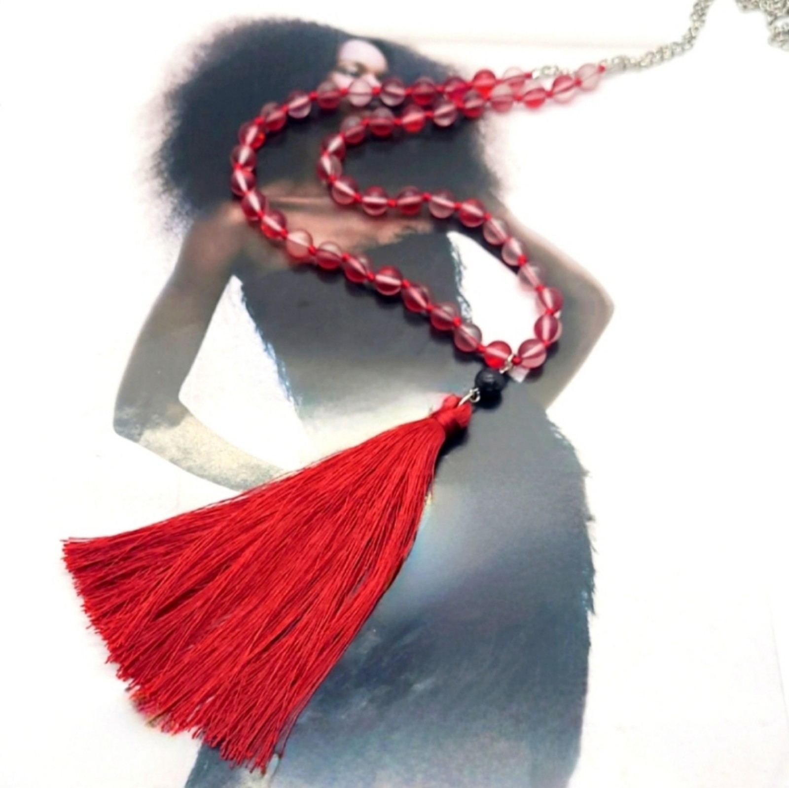 Vintage Art Deco Red Glass Bead Long Silk Tassel Sautoir Necklace