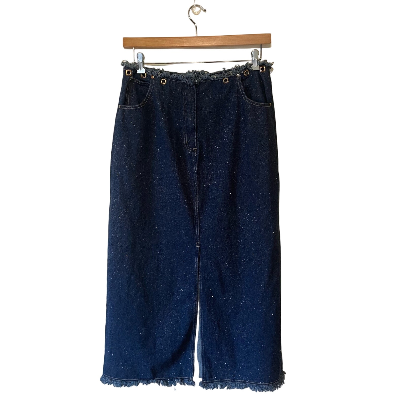 Vintage 90s Y2K Baccini 12 denim maxi skirt Bratz blue sparkle glitter Velcro