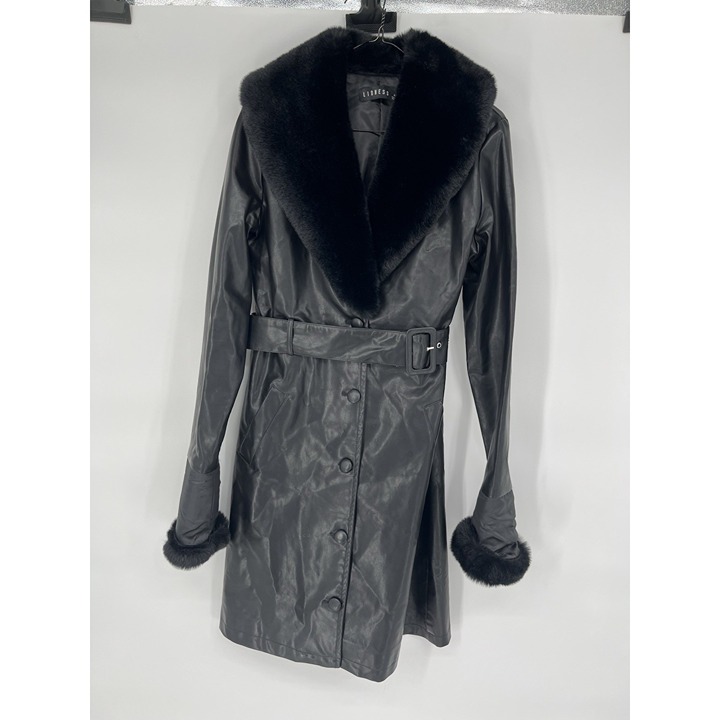 Lioness Elegant Black Fur Trimmed Women's Coat Size XS