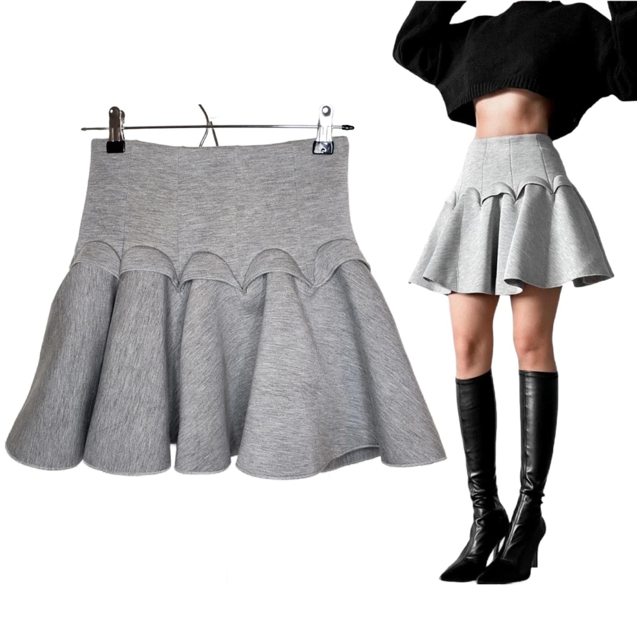 H&M Women's Sz 2 Light Grey High Waisted Pleated Flare Ruffle Mini Skirt(1737)