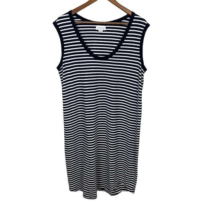 Velvet Graham Spencer Dress XL Navy White Stripe Scoop Neck Cotton Knee Length