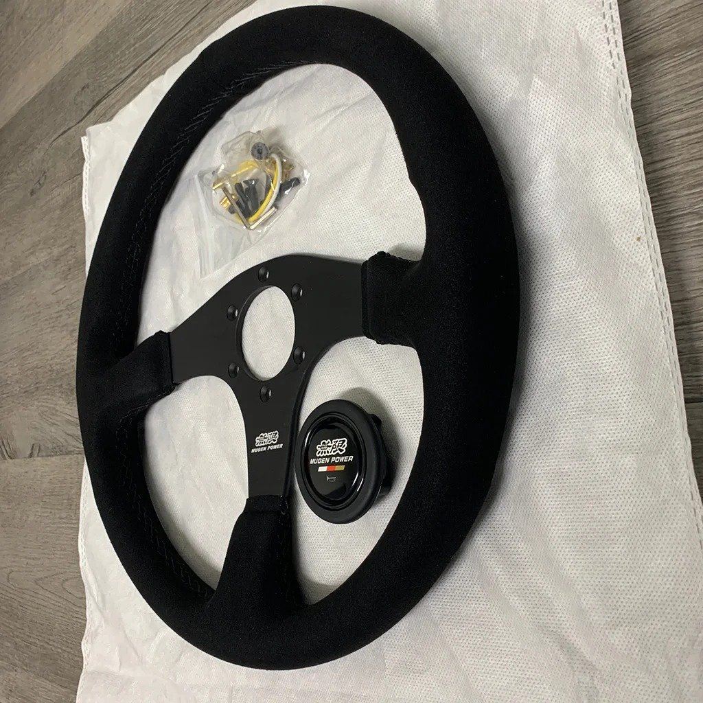 14 MUGEN Style Racing Black Stitching Suede Sport Steering Wheel w Horn Button