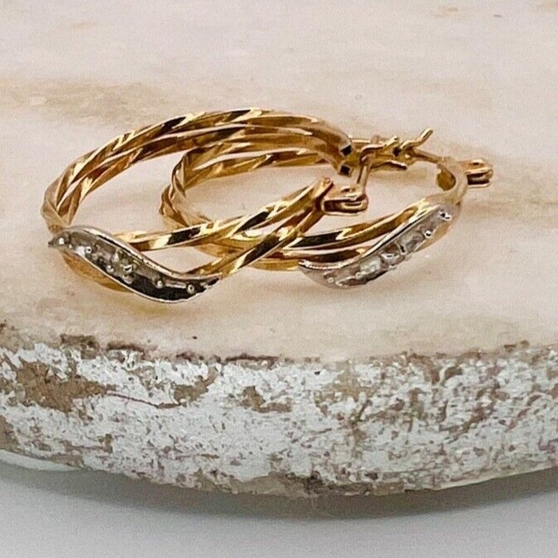 14K Two Tone Solid Gold Diamond Accent Twisted Hoop Earrings
