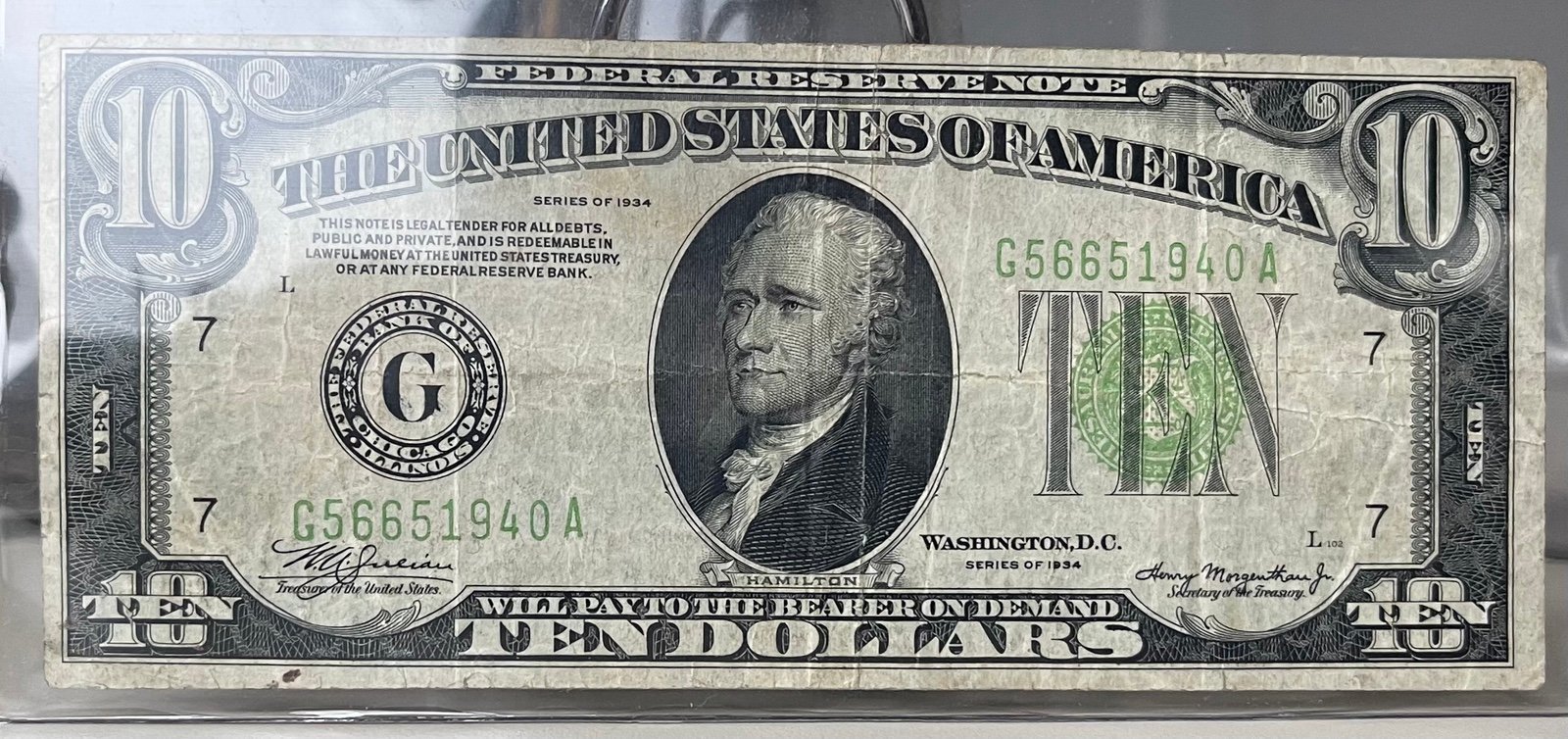 1934 “Mule Series” 10.00 Federal Reserve Note ~ Circulated C-Philadelphia Dist.