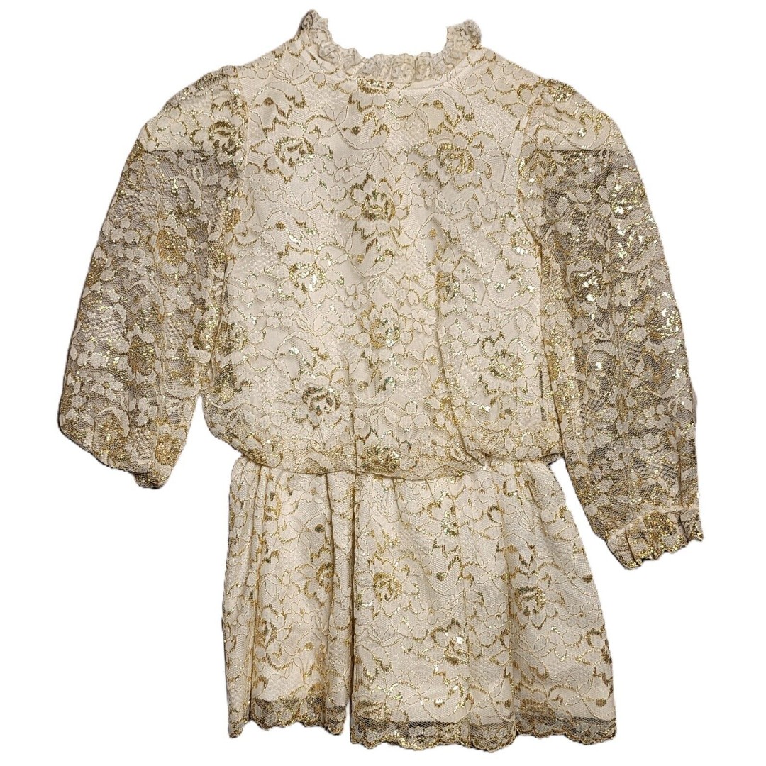 Vintage YOUNGLAND Girls Dress Sz 5 White w Gold Floral Lace Long Sleeve 80s-90s