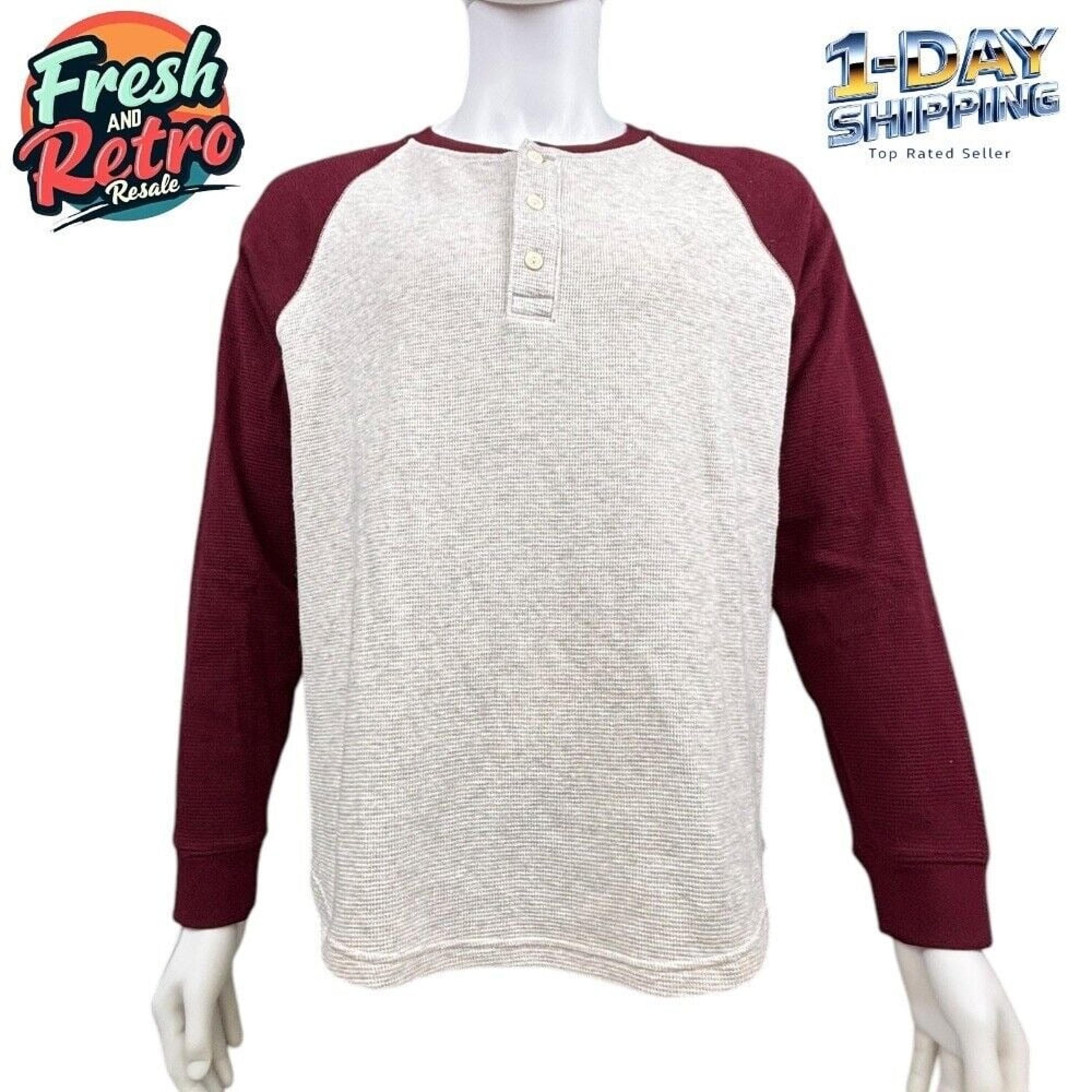 American Eagle Henley Shirt Men L Long Sleeve Waffle Knit Thermal Top Burgundy