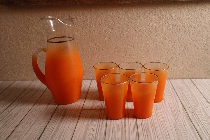 Vintage 1950's Blendo Frosted Ombre Orange Pitcher and Small Glasses Set