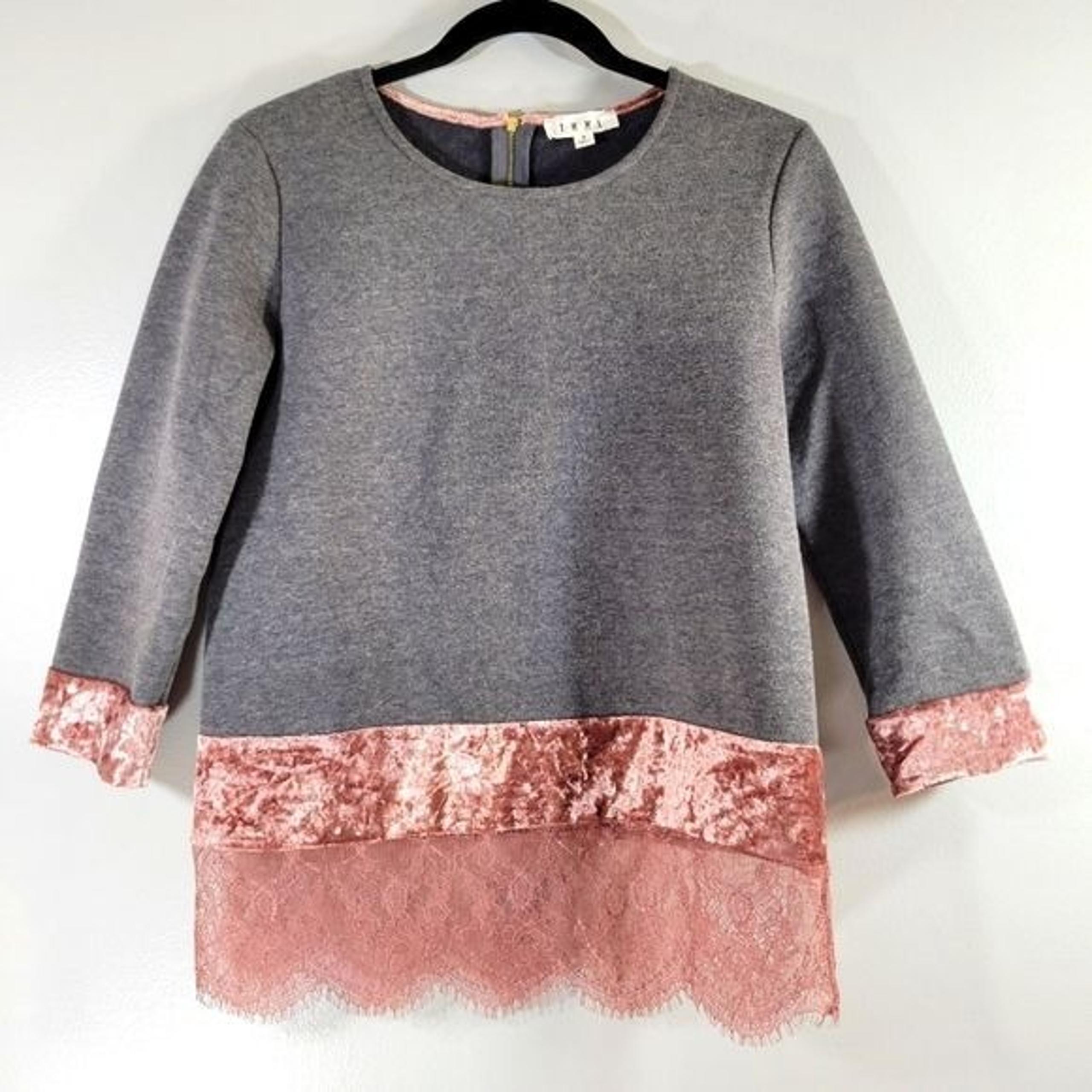 THML grey knit crushed velvet lace trim bracelet sleeve sweatshirt casual top