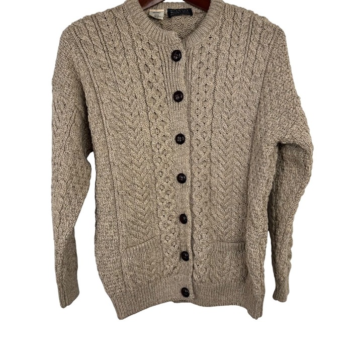 Blarney Woollen Mills Merino Tan Cardigan Large Ireland Aran Fisherman Cableknit