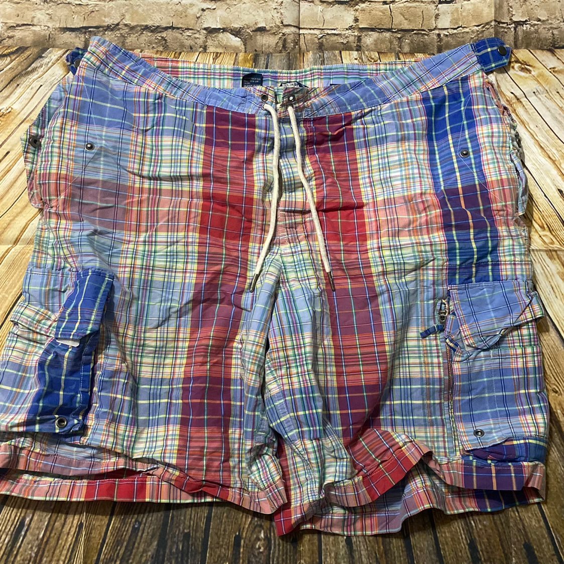 Polo Ralph Lauren Blue Plaid Cargo Zipper Pocket Board Swim Shorts