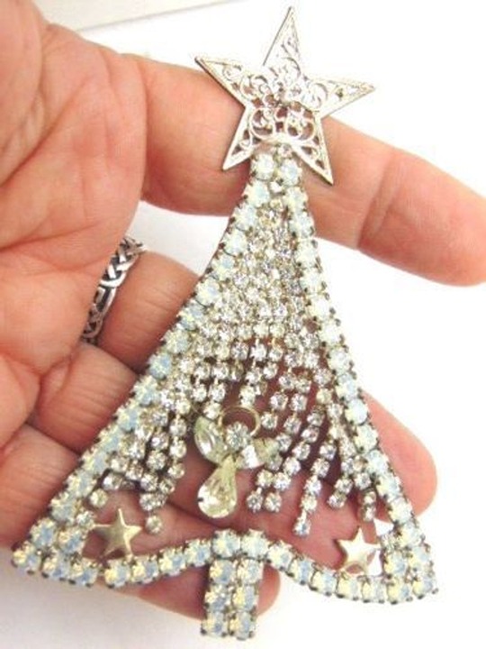 Angel Christmas Tree Pin Star Brooch Rhinestone Opaline Crystal USA VTG BeadRage