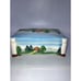 Vintage 1950s West German Majolica Trinket Box Covered Bridge Pine Trees 6” X 2”