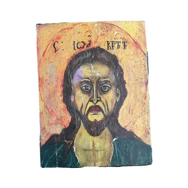 Vintage hand painted oil painting Orthodox icon Jesus Christ Christianity