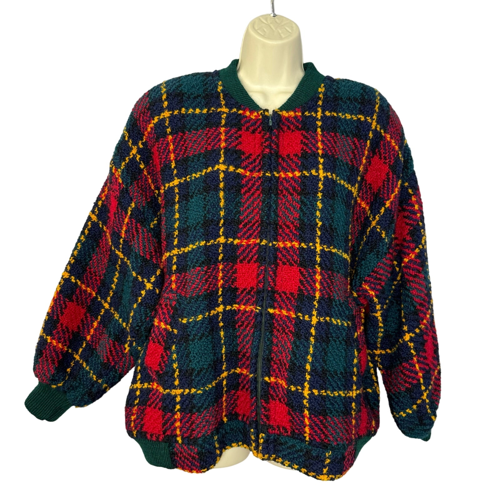 Boyne Valley Vtg Weavers Ireland L XL Plaid Wool Sweater Knit Zip Jacket Bomber