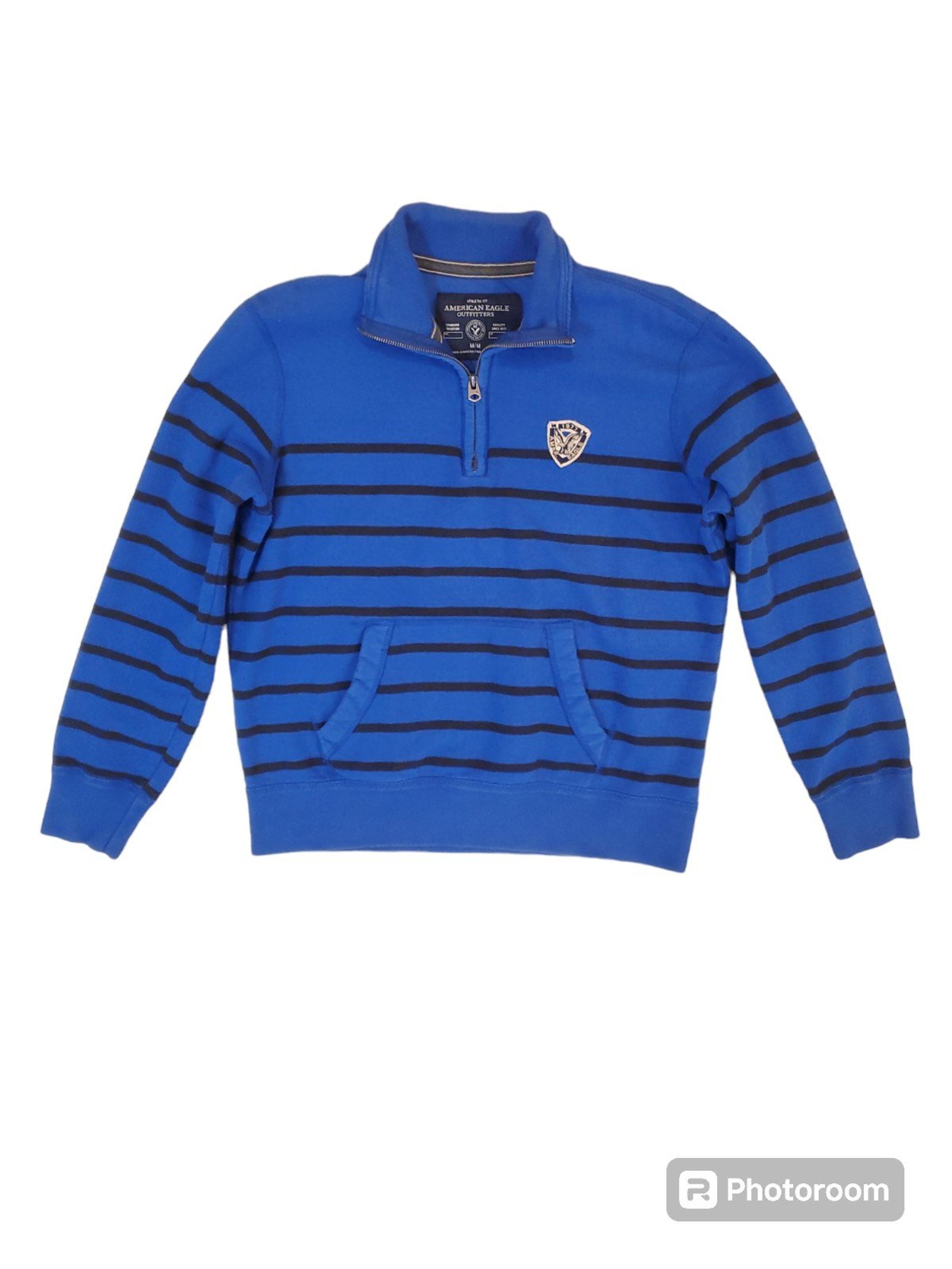 American Eagle Mens Blue Stripe 1/4 Zip Long Sleeve Pullover Sweater Medium