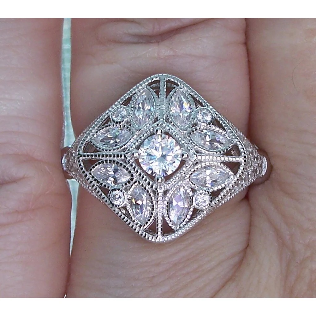 Size 4, 925 STERLING SILVER Antique Style Blooming Flower Cubic Zirconia Ring