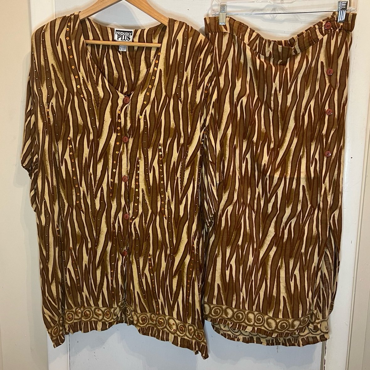 Plus Size Tan Zebra Print Beaded Short Sleeve Button Down Blouse Midi Skirt Set