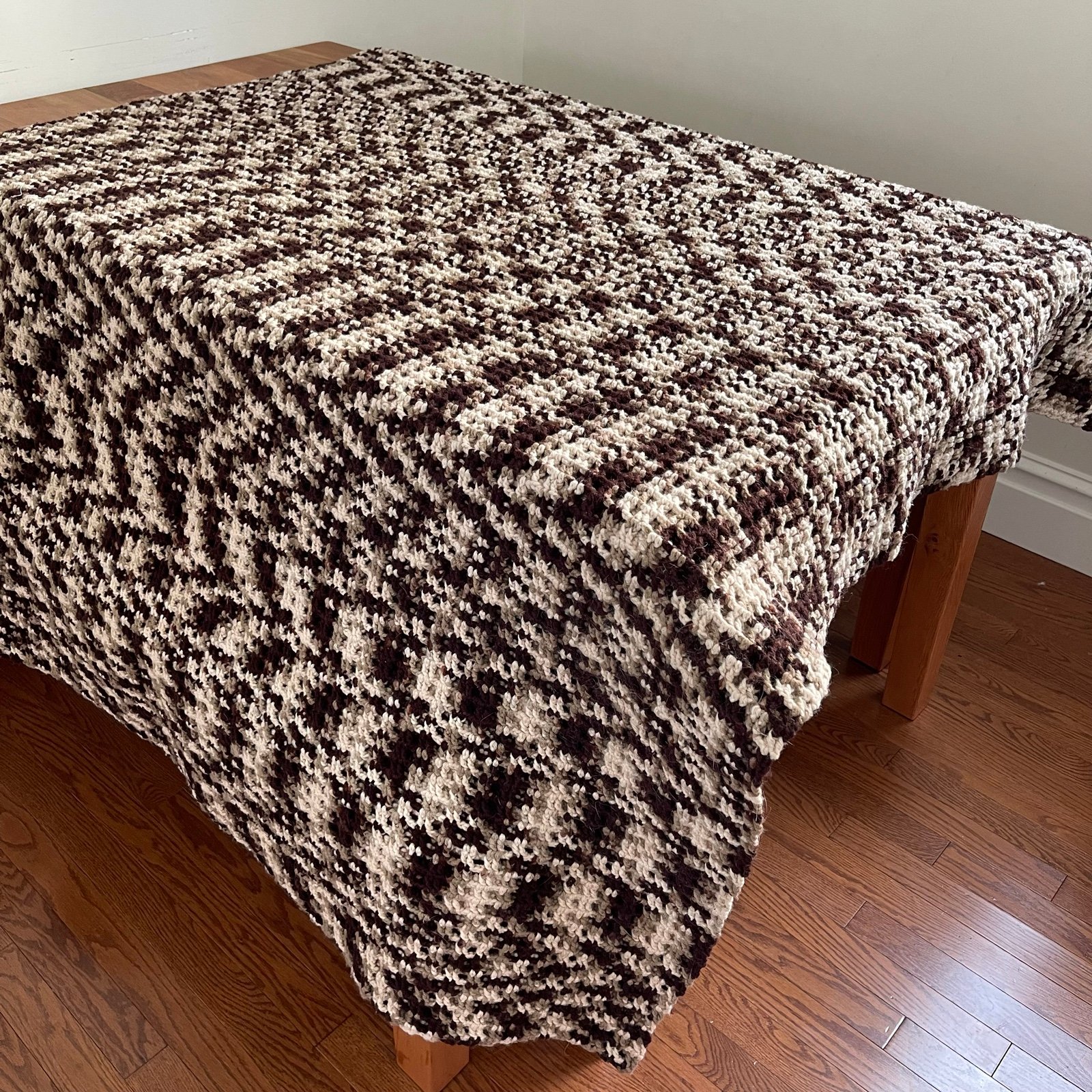 Large Vintage Handmade Crochet Chunky Brown Cream Beige Blanket Afghan 55 x 60