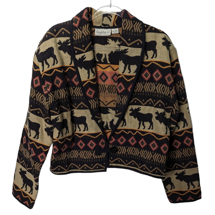 Vintage Flashback Cropped Tapestry Jacket Moose Southwestern Print Size L