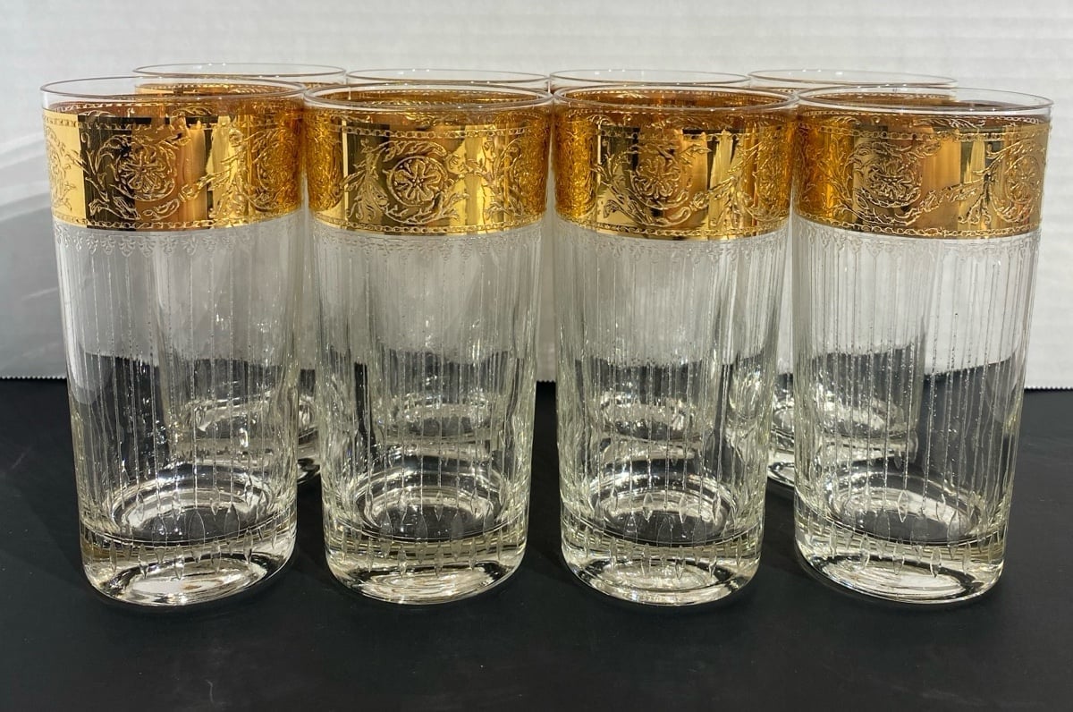 Vintage MCM Culver Tyrol MCM 22 KT Gold 12oz Highball Glasses, Set of 8