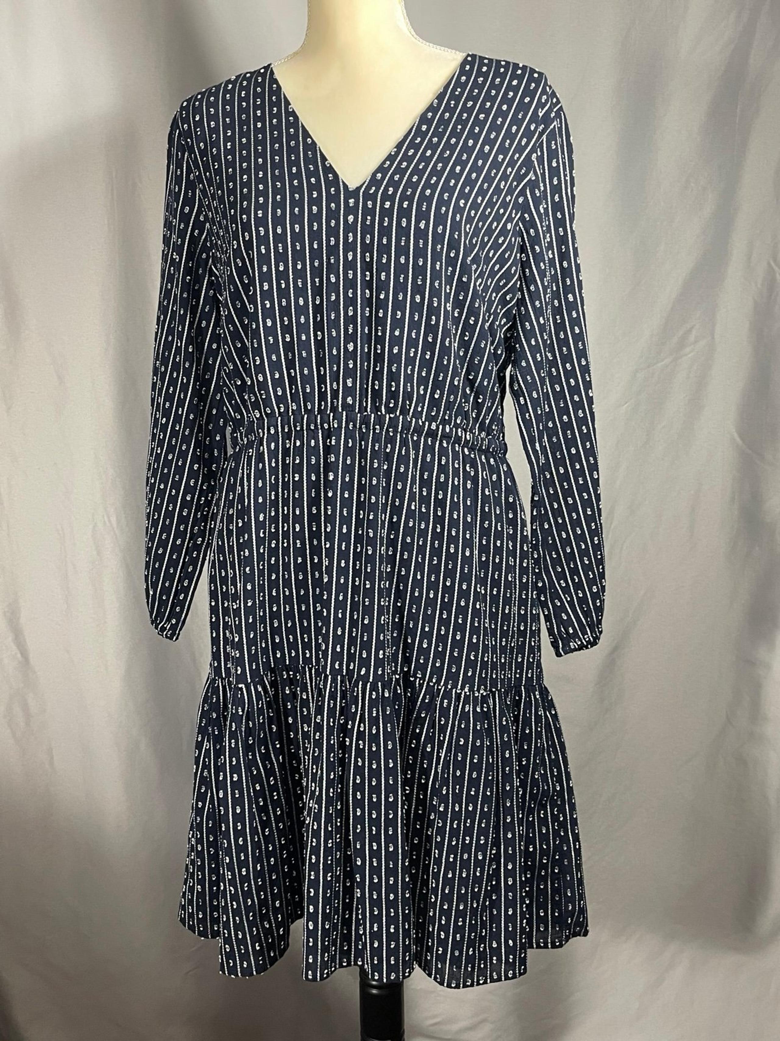 Tommy Hilfiger Women's Polka Dot Striped Ruffled Tiered V Neck Navy Ivory Sz 14