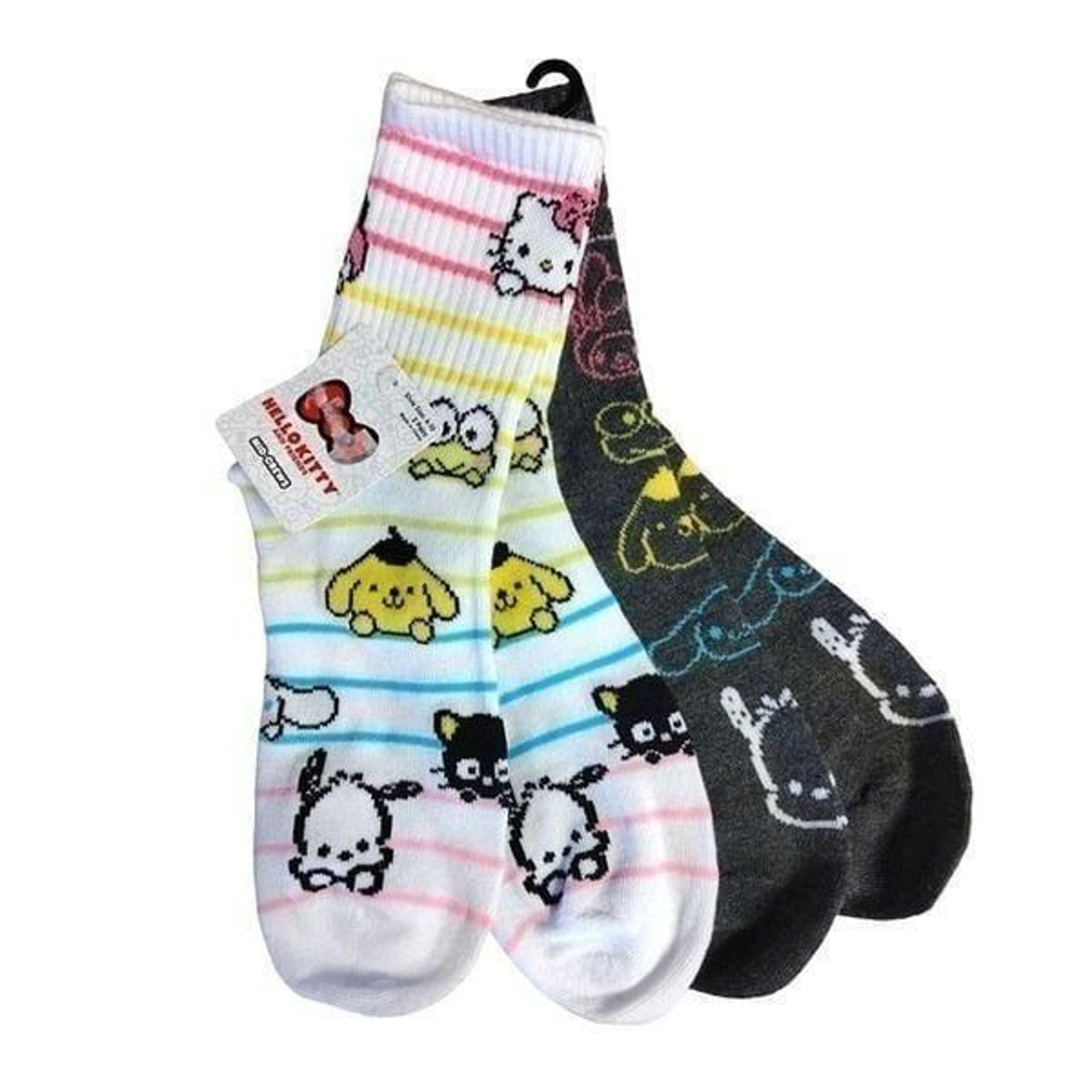Hello Kitty and Friends 2 Pairs Grey Neon Prints Mid Crew Socks NWT