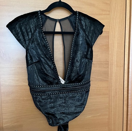 Victoria's Secret Deep V-Neck Studded Velvet and Mesh Thong Bodysuit, Size S