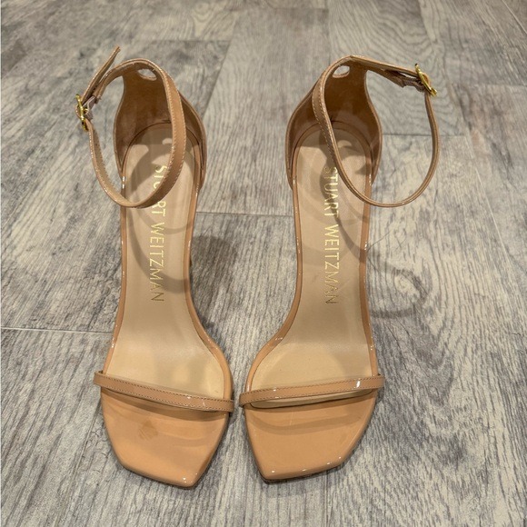 Stuart Weitzman Adobe tan Nudistcurve Patent Ankle-Strap Sandals heels