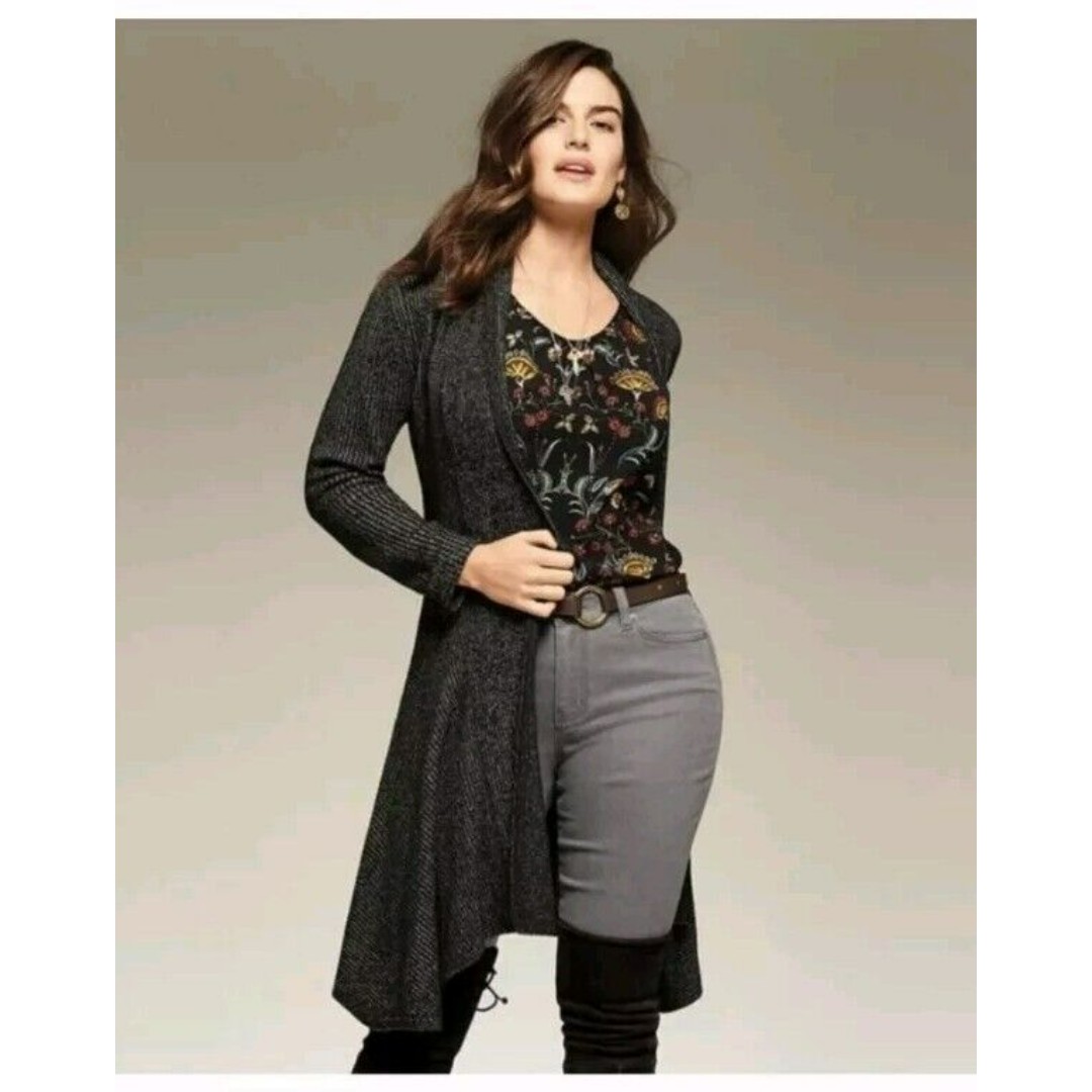 NWT CAbi Women's Black Marled Open Front Long Cloak Cardigan Sweater Size Small