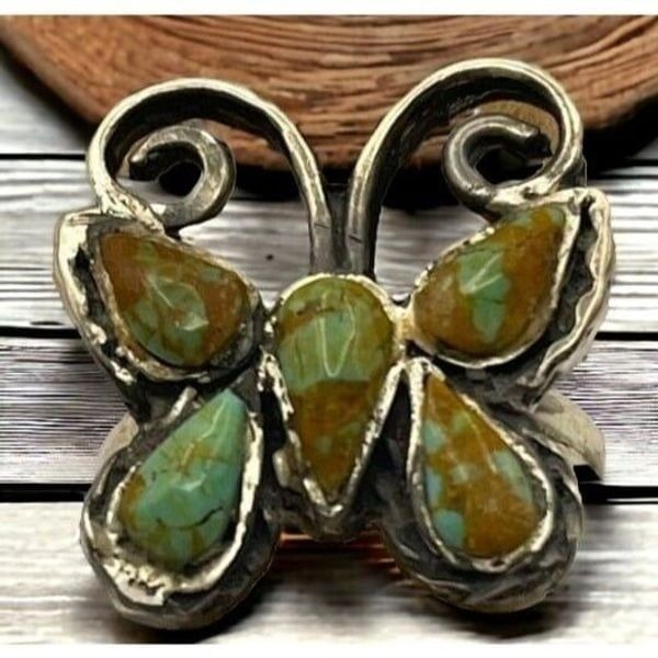 Vintage Navajo Inlaid Turquoise Butterfly Southwestern Sterling Ring Sz 7.5