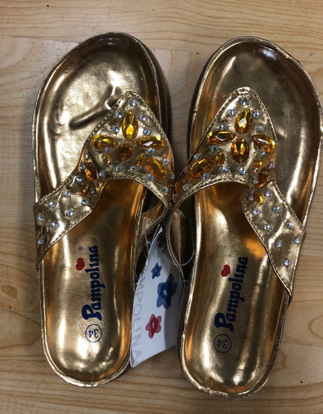 Kids girls Pampolina flip flops sandals gold shoes US 2 1/2 euro 34