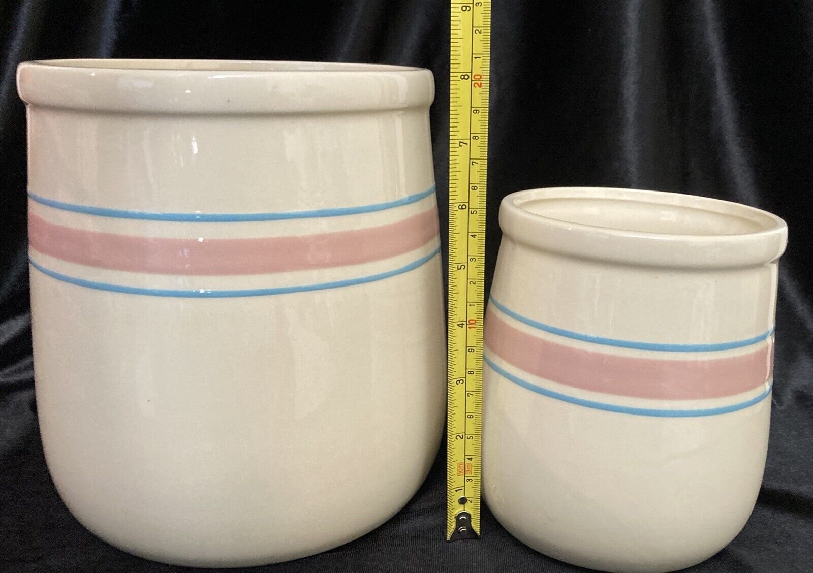 Pair of Vintage McCoy StoneCraft Pink and Blue Striped Canisters - 1976