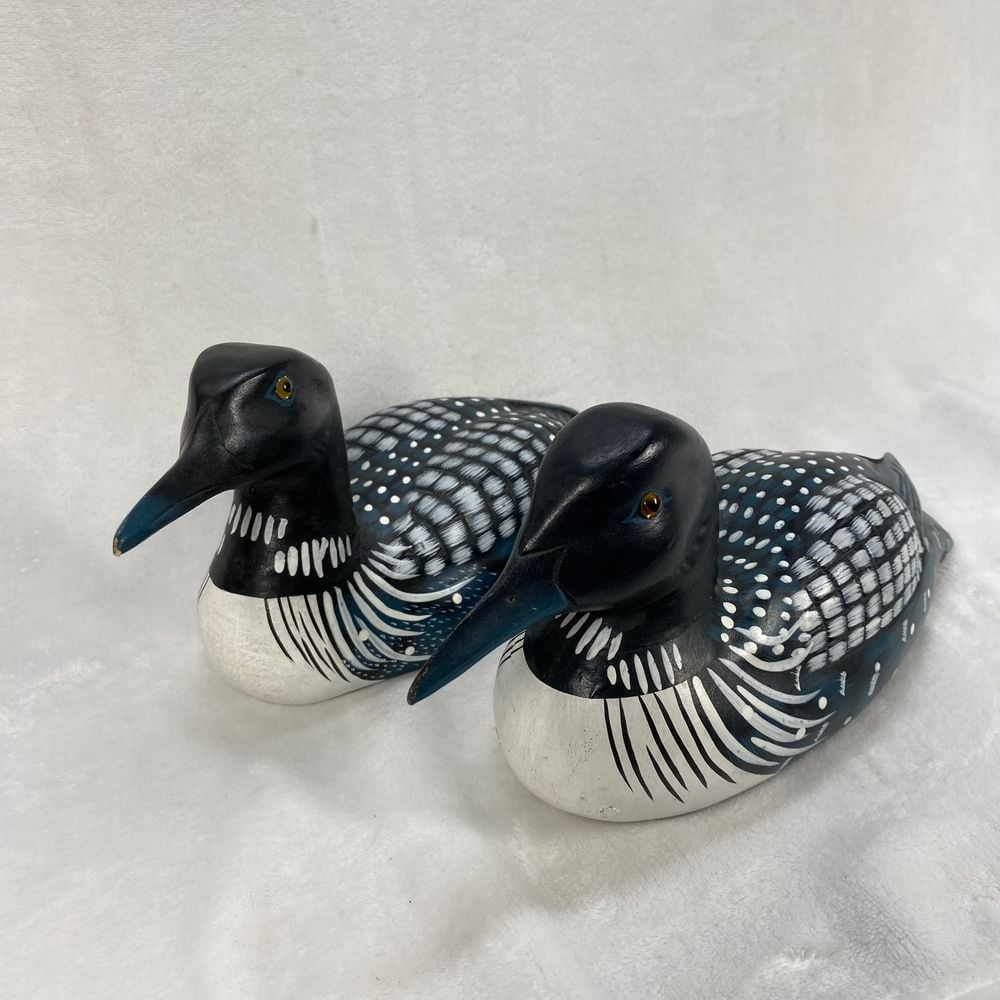 Vintage Hand Painted Common Loon 2 Duck Decoys Decorative Folk Art Wooden Birds