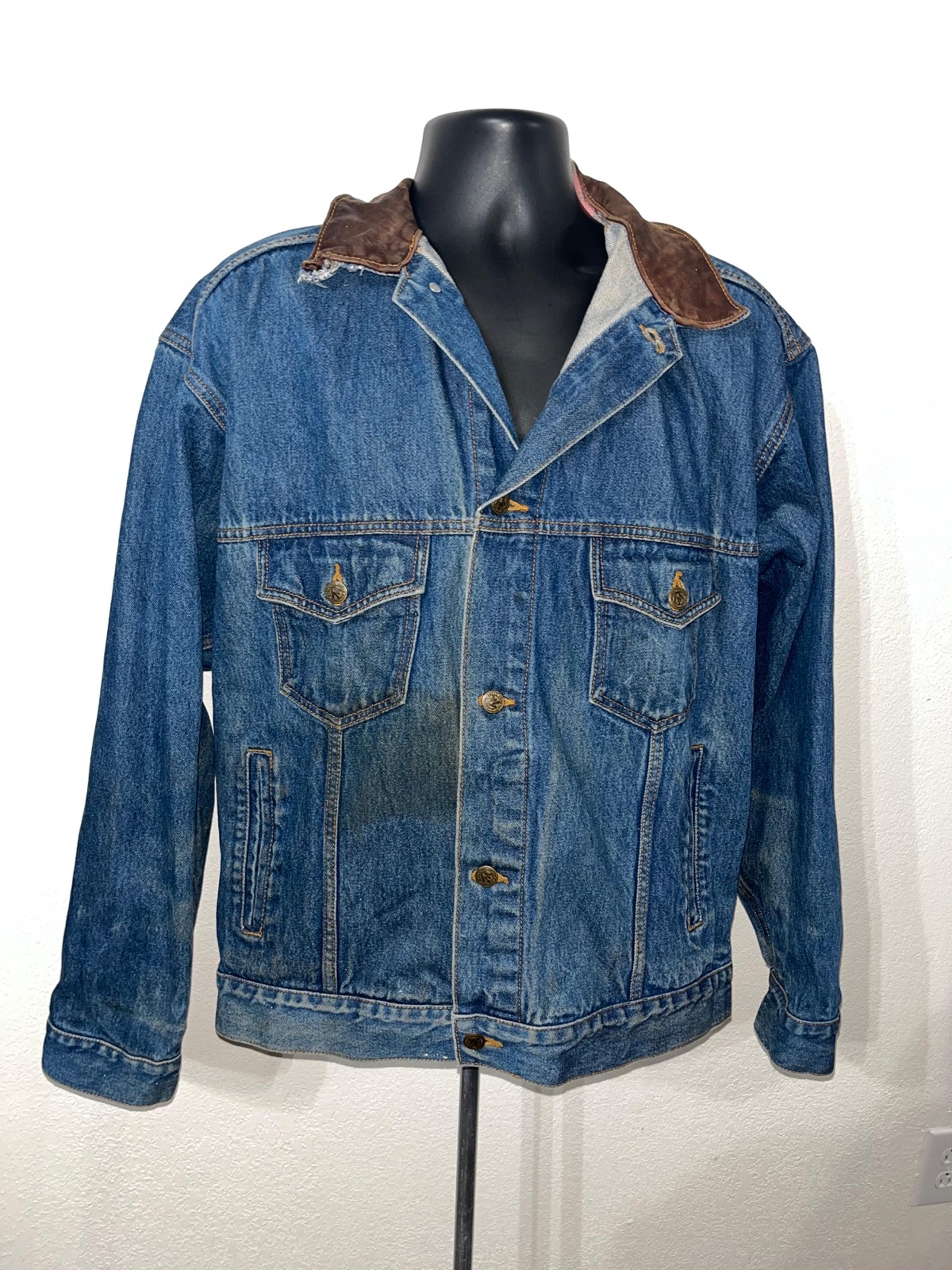 Vintage 1990s Marlboro jean jacket, men, XL, extra large, leather collar truc ker