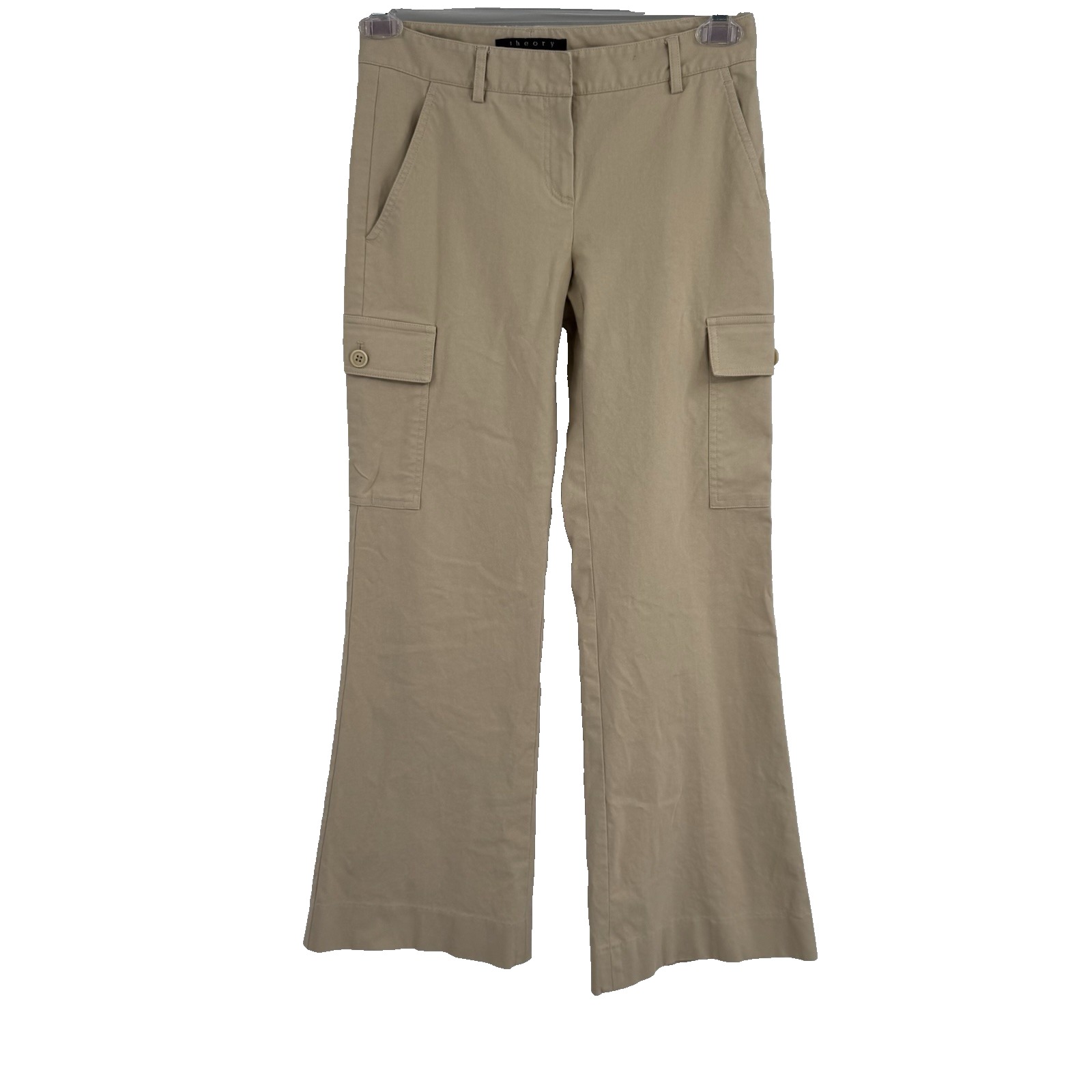Theory Khaki Cargo Pants Stretch Cotton Low Rise Wide Leg 28 Waist Retro Size 2