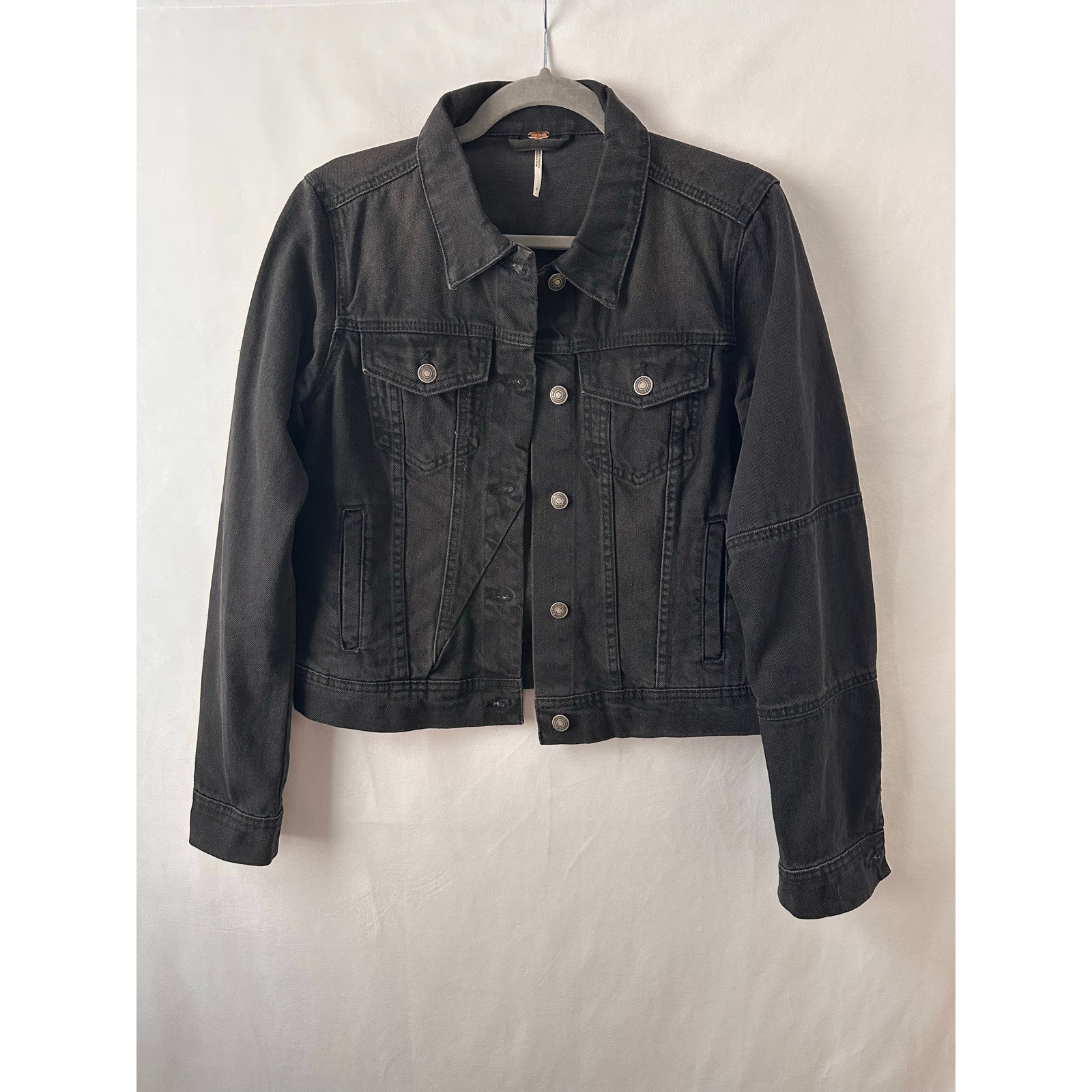 Free People Rumors Black Denim Jean Jacket Cropped Boho Moto Urban Outfitters S