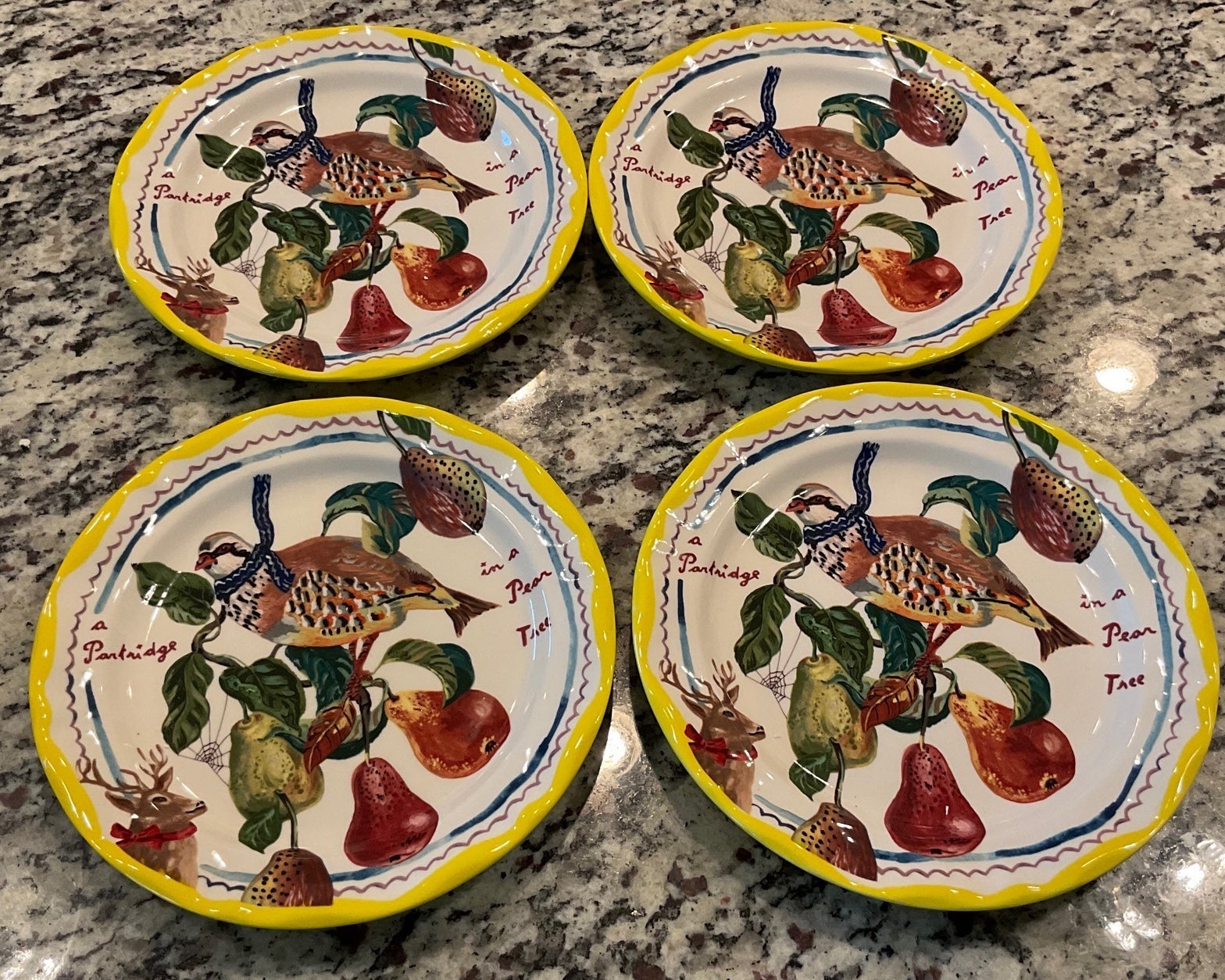 Anthropogie Nathalie Lete 12 Days of Christmas 8” plates (4) Partridge Pear Tree