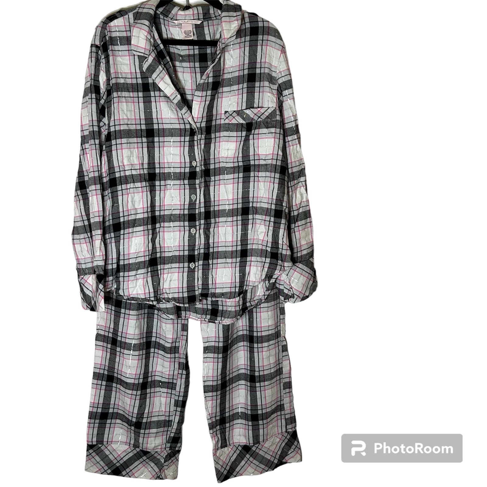 Victoria’s Secret Black & Pink Plaid Flannel Pajama Set