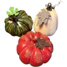 Hobby Lobby 2020 Set Of 3 Ceramic Pumpkin Gourds w/Metal Leaves Thanksgiving