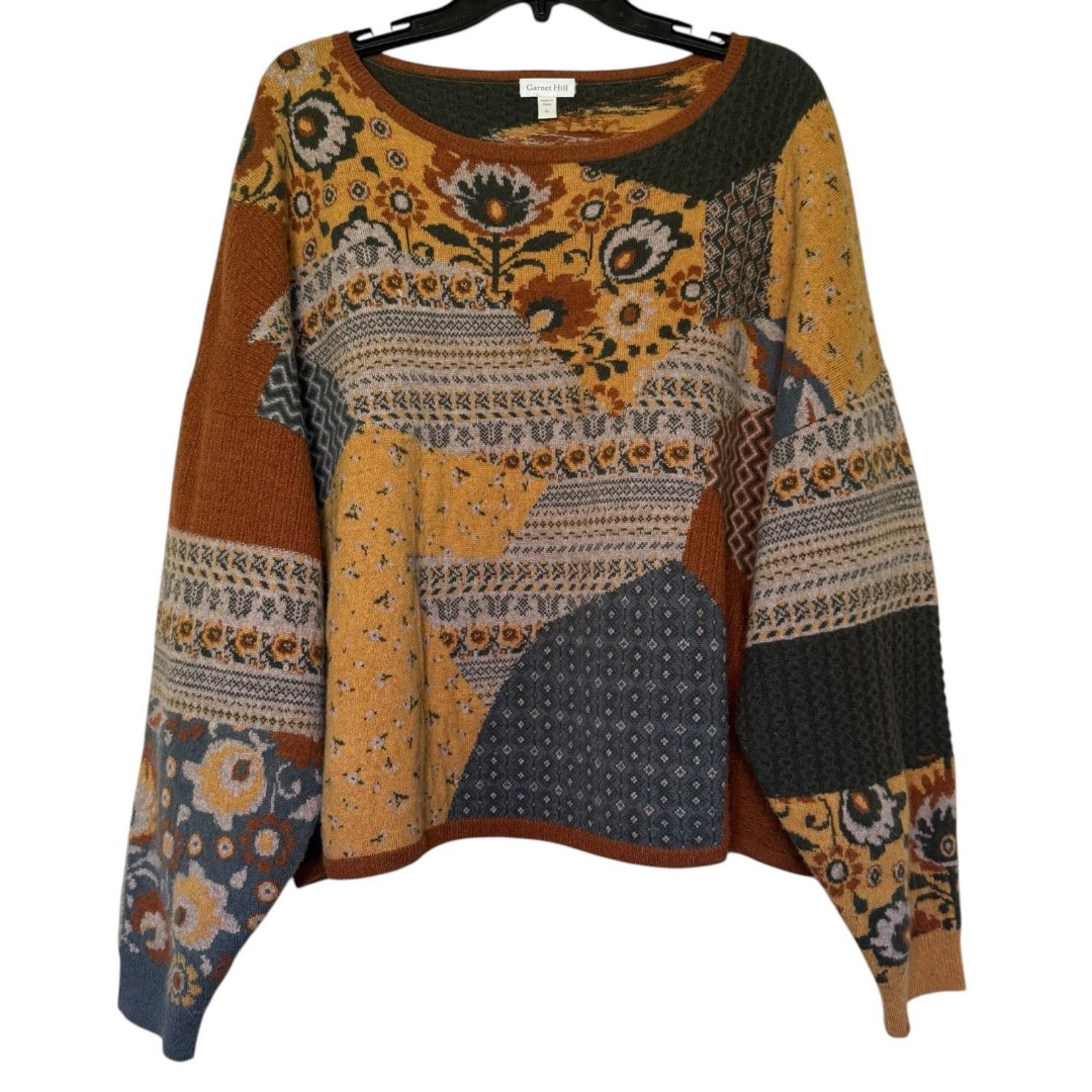 Garnet Hill womens size XL recycled cashmere patchwork boxy floral brown sweater