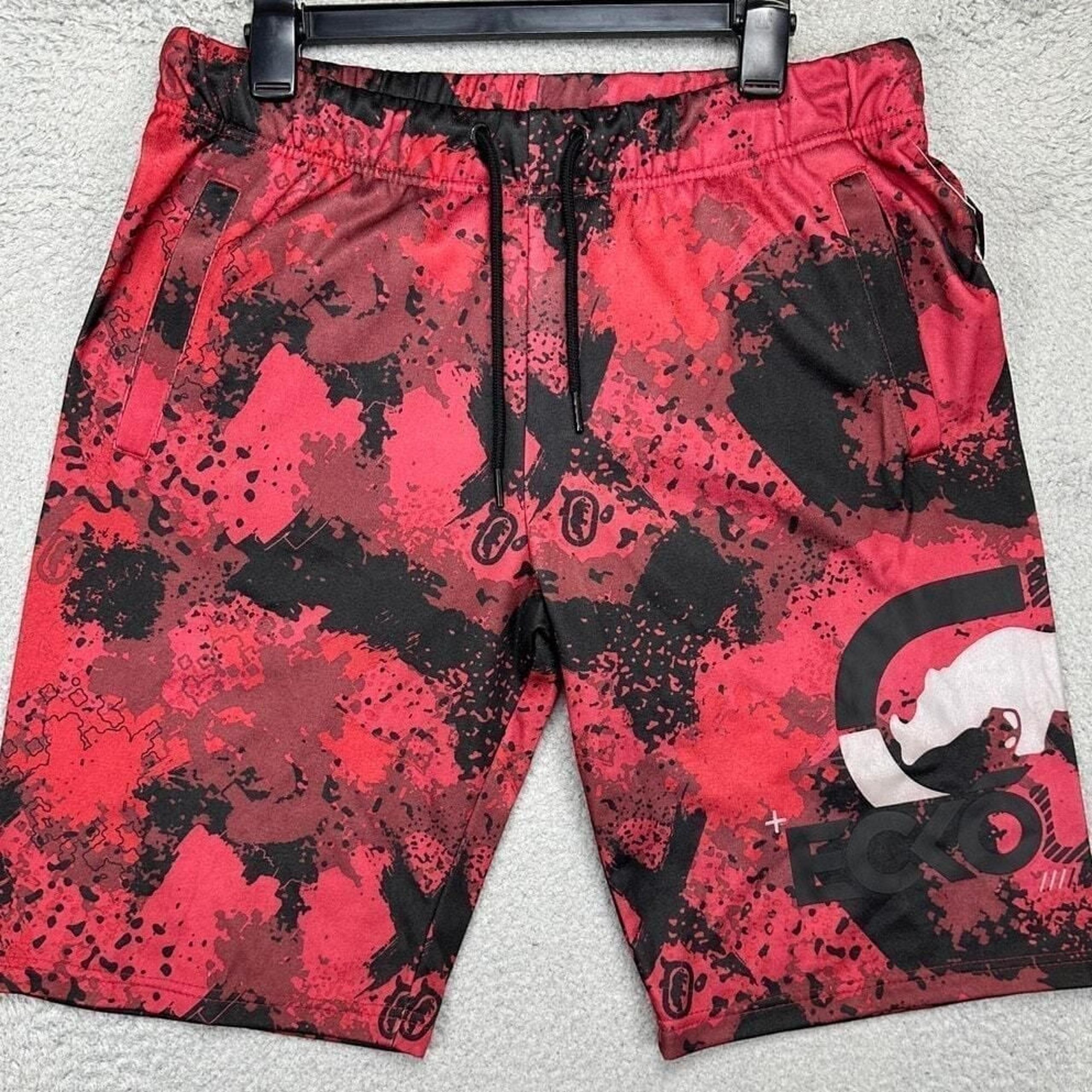 Ecko Unltd Shorts Mens Medium Red Black Geometric Sweat Athletic Drawstring NEW