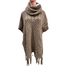 Autumn Cashmere Turtleneck Fringed Cowl Multi Stitch Poncho Taupe - O/S