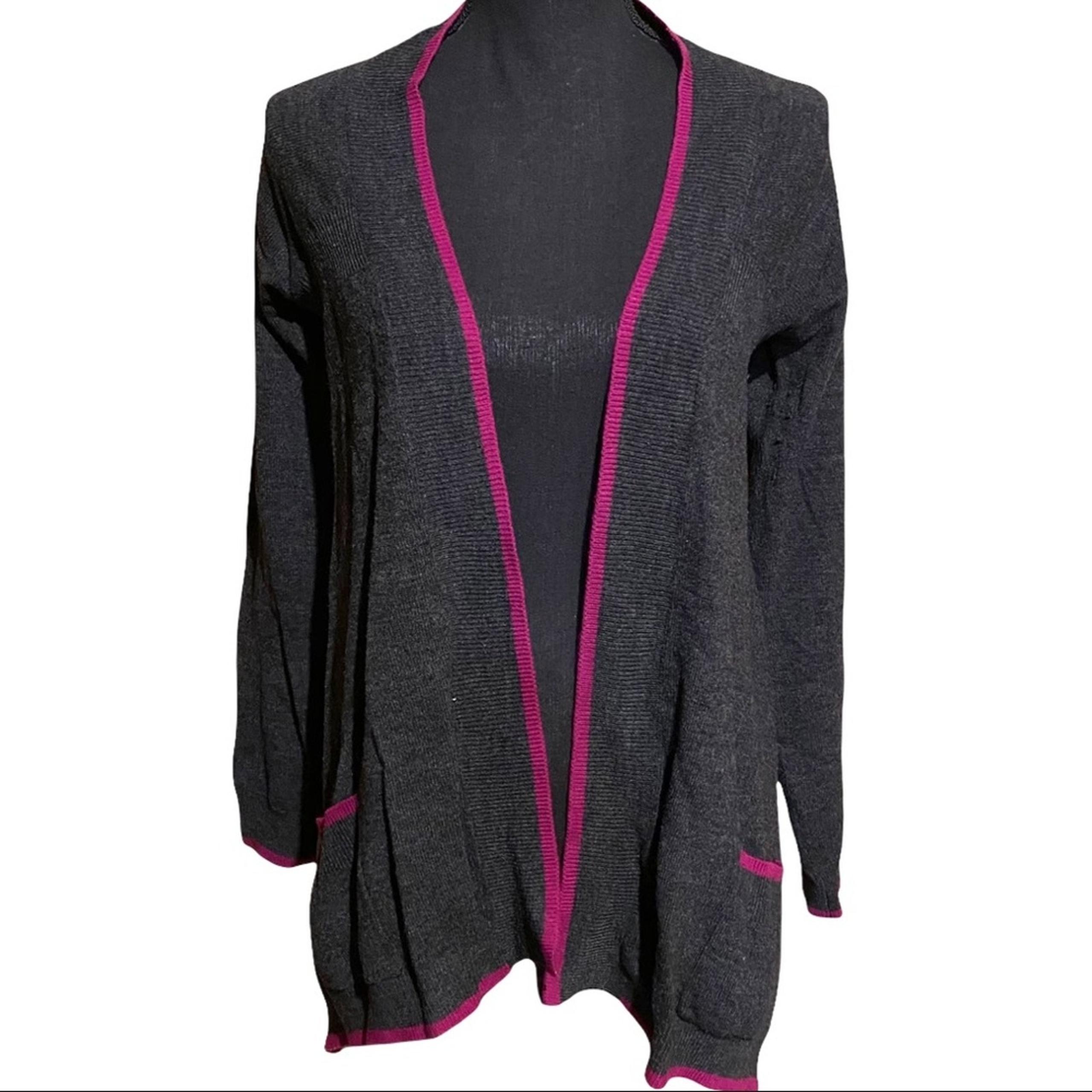 Design History Open Front Pink Color Pop Trim Pocket Cardigan Sweater Women's S