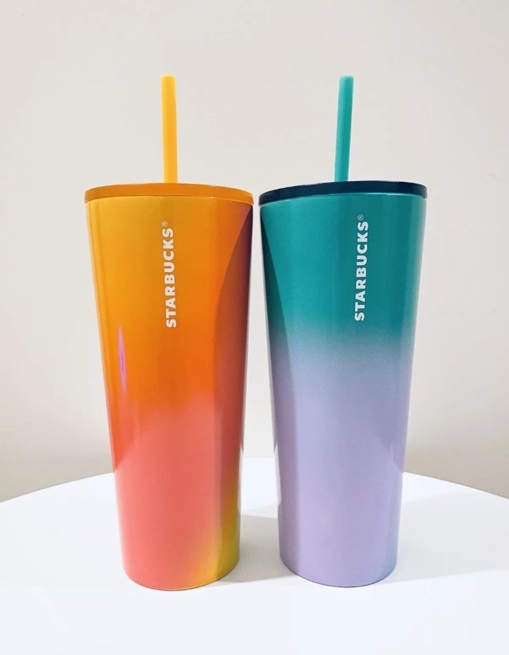 Set Of 2! Starbucks 2022 Orange Pink Yellow Teal Lilac Blue Ombre Tumbler 2