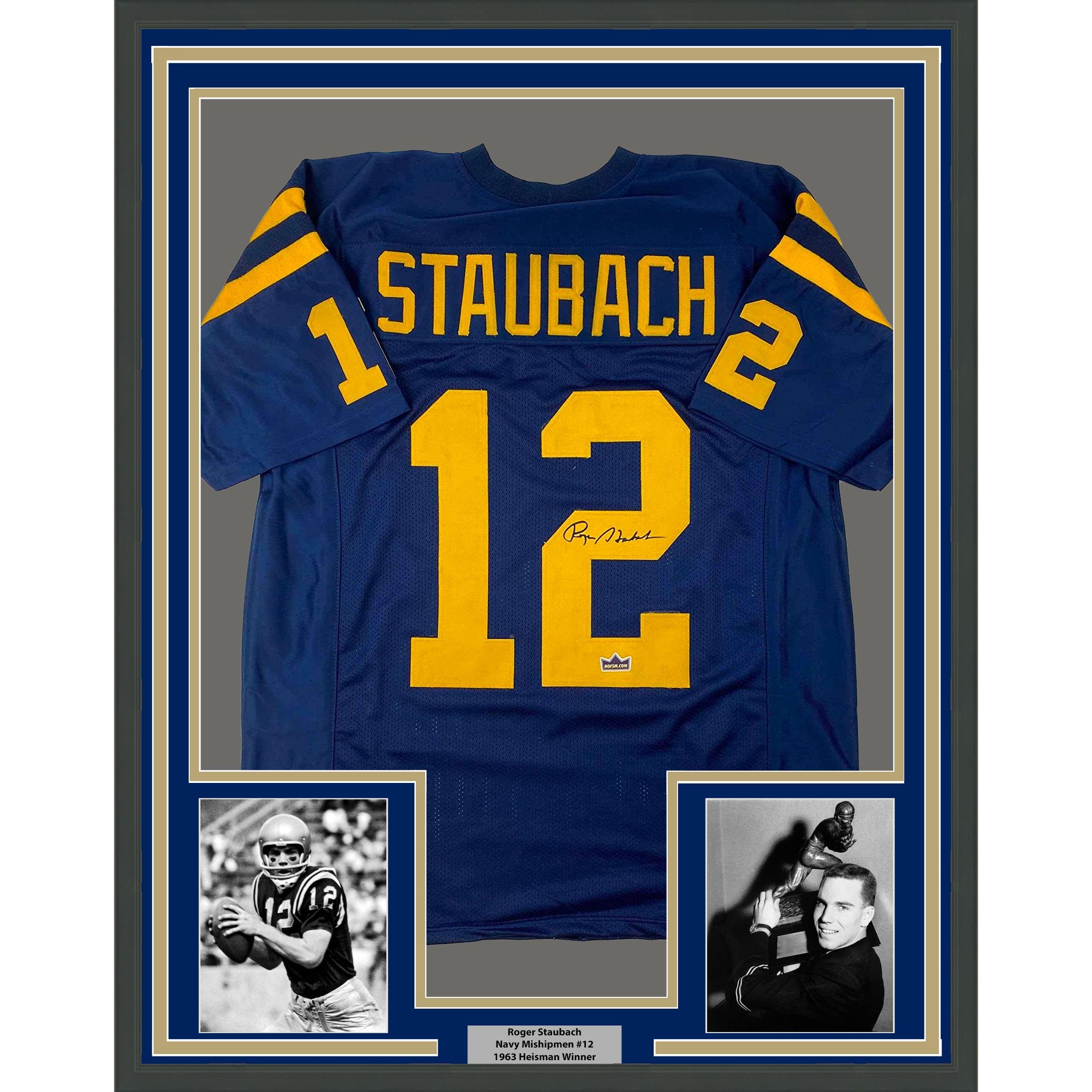 Framed Facsimile Autographed Roger Staubach 35x39 Navy Blue Auto Jersey
