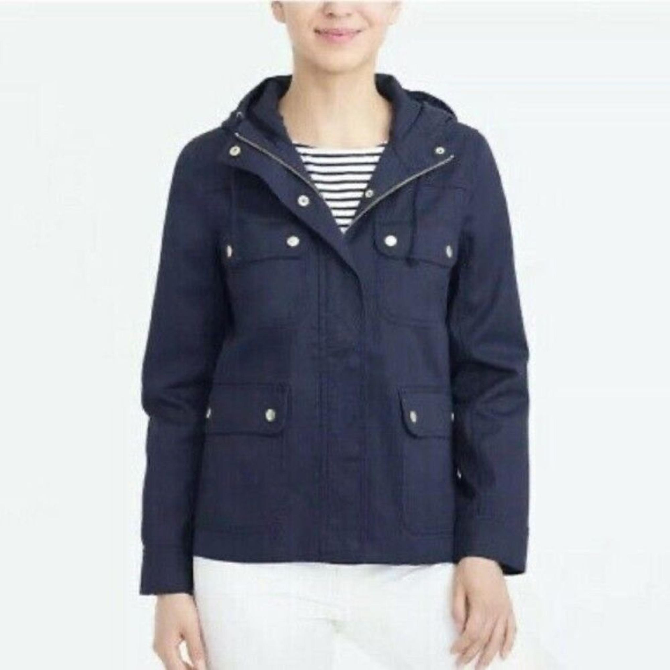 J. Crew Womens Resin-coated Twill Hooded Field Jacket Navy Blue