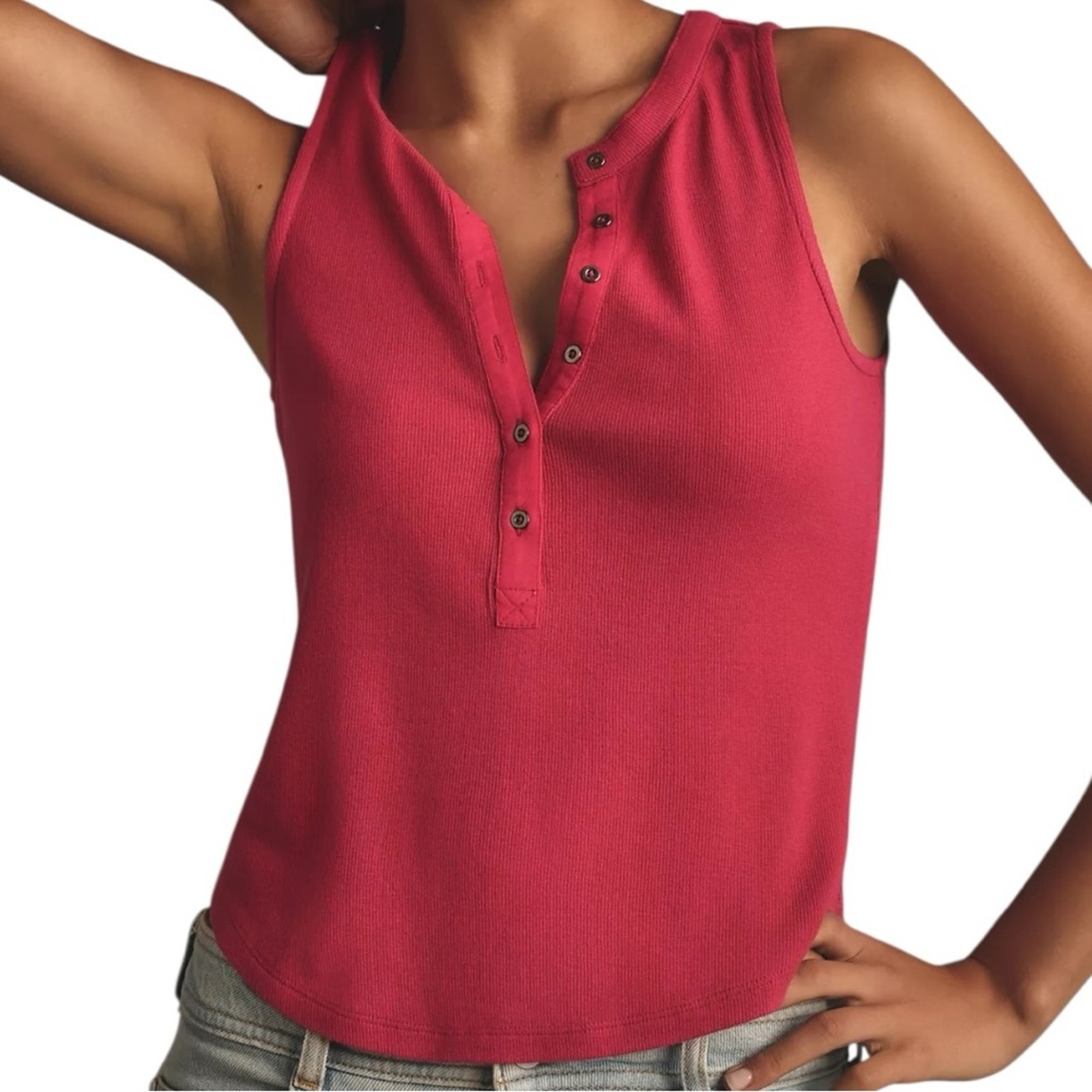 Pilcro NWT Women’s Size XS Magenta Pink The Andie Ribbed Henley Sleeveless Top