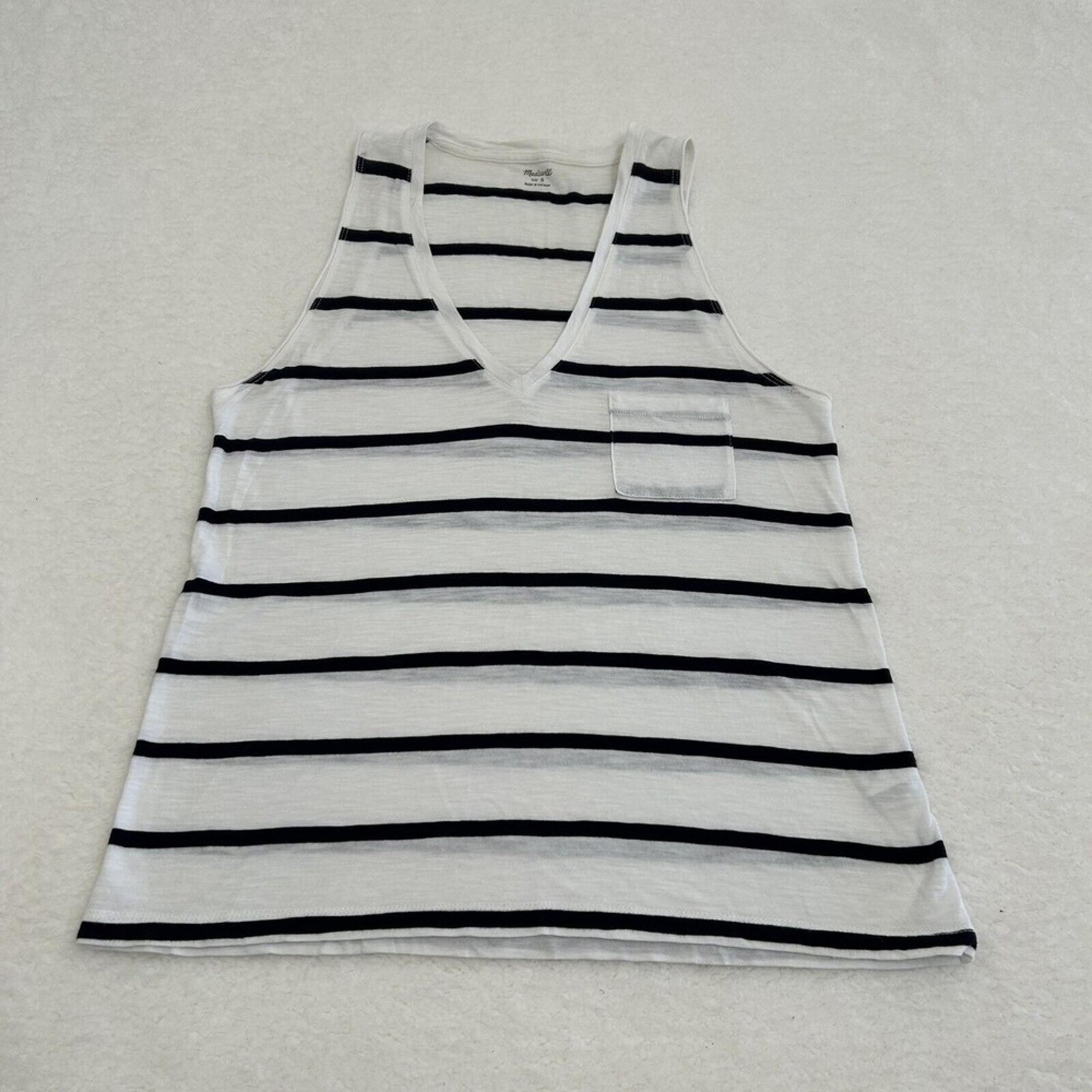 Madewell Tank Top Women's V Neck Pocket Pullover White/ Blue Stripes Size Small