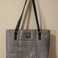 Dooney & Bourke Ostrich Collection Charleston Tote Gray Black Leather Zip Top