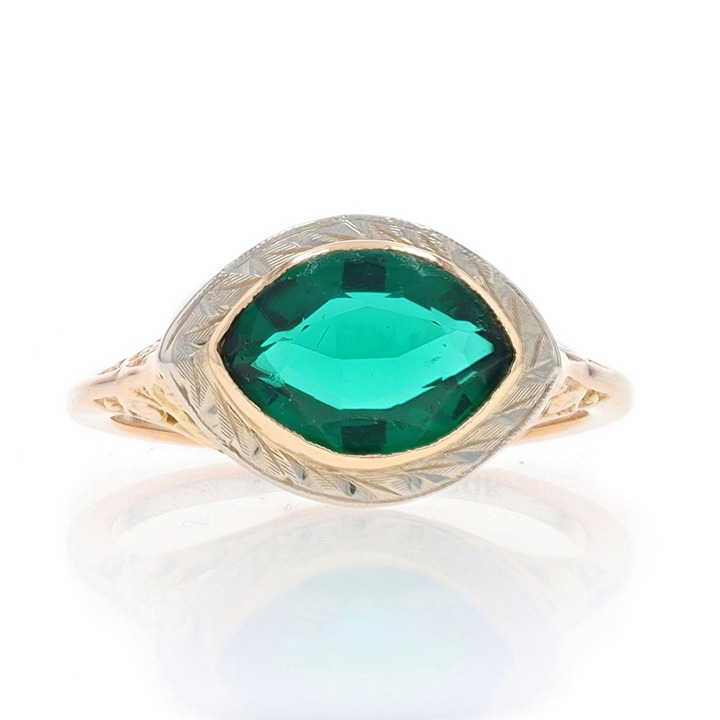 Yellow Gold Simulated Emerald Art Deco Cocktail Solitaire Ring - 10k Marq V3464